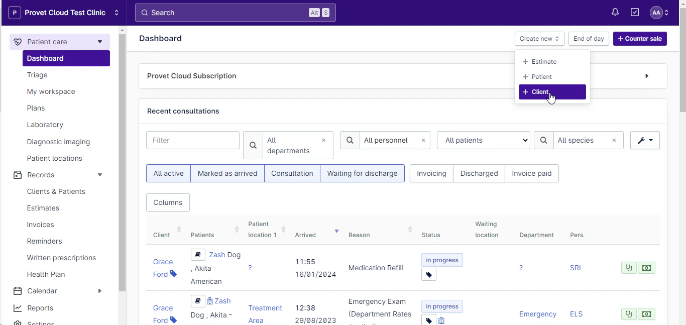 screenshot of Provet Cloud